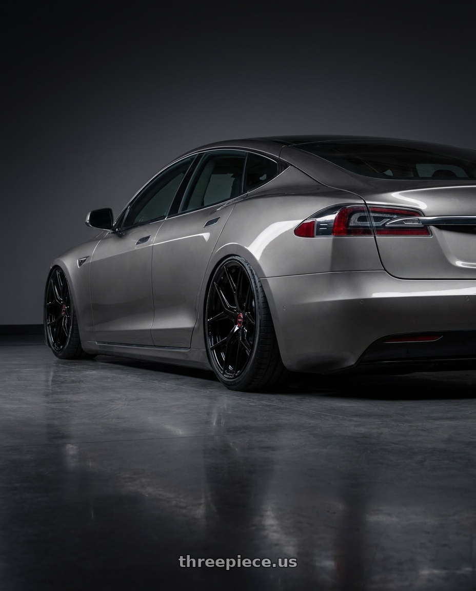 2018 Tesla Model S with Vossen HF-5 21x12 / 5x120 / ET52 / Deep Face / 72.56 - Gloss Black Wheel - HF5-1B36 wheels rear three quarter view slight stretch tires