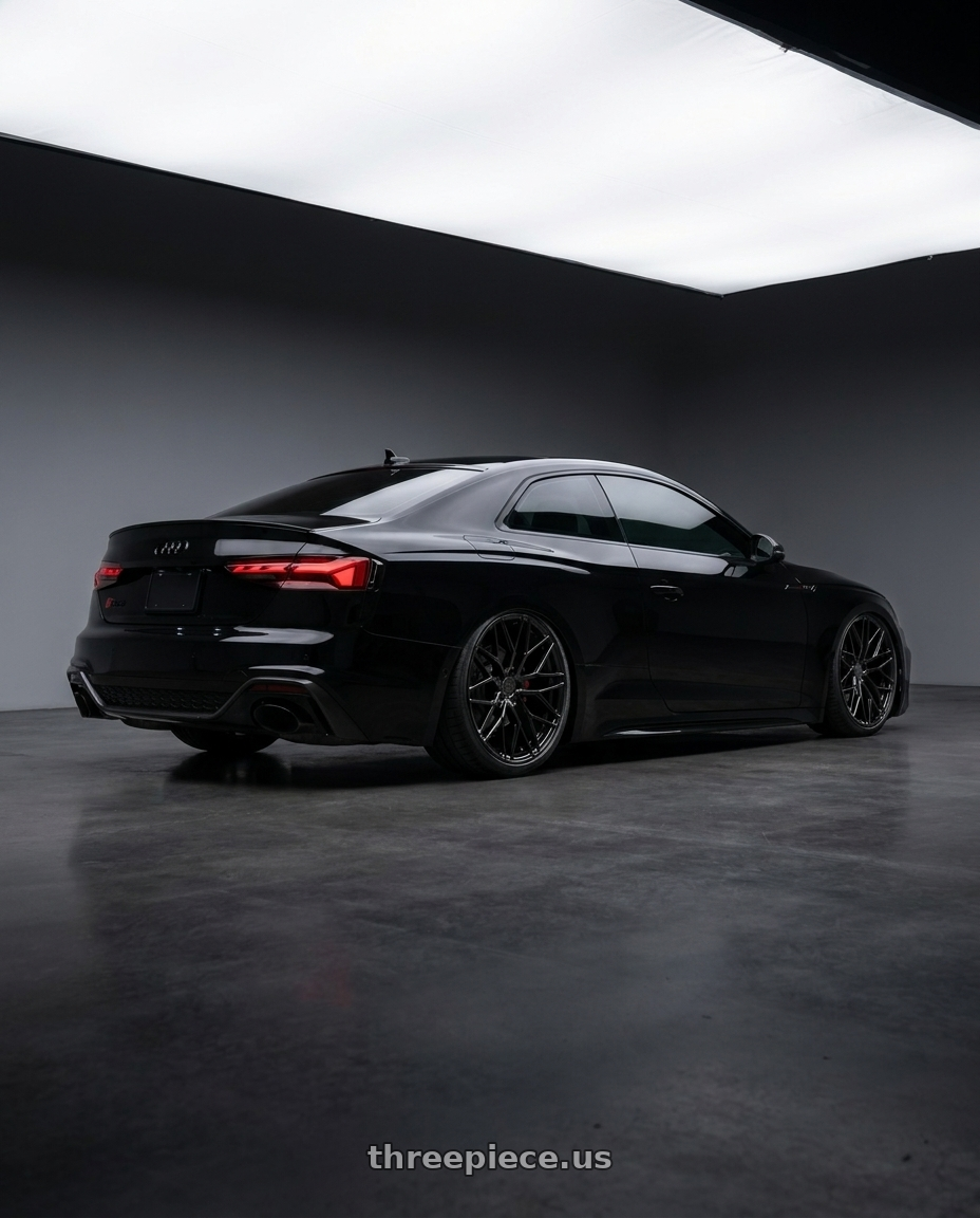 2022 Audi RS5 with Avant Garde Wheels M520R 5X112 20x9 +32 Gloss Black wheels rear three quarter view slight stretch tires