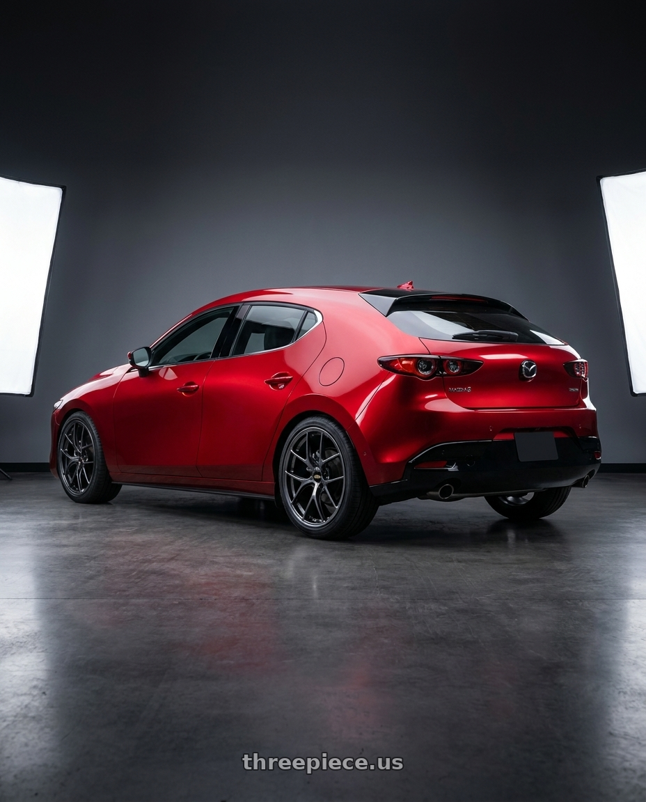 2024 Mazda 3 with BBS RI-D 5x108 19x9 +28 Diamond Black wheels rear three quarter view slight stretch tires