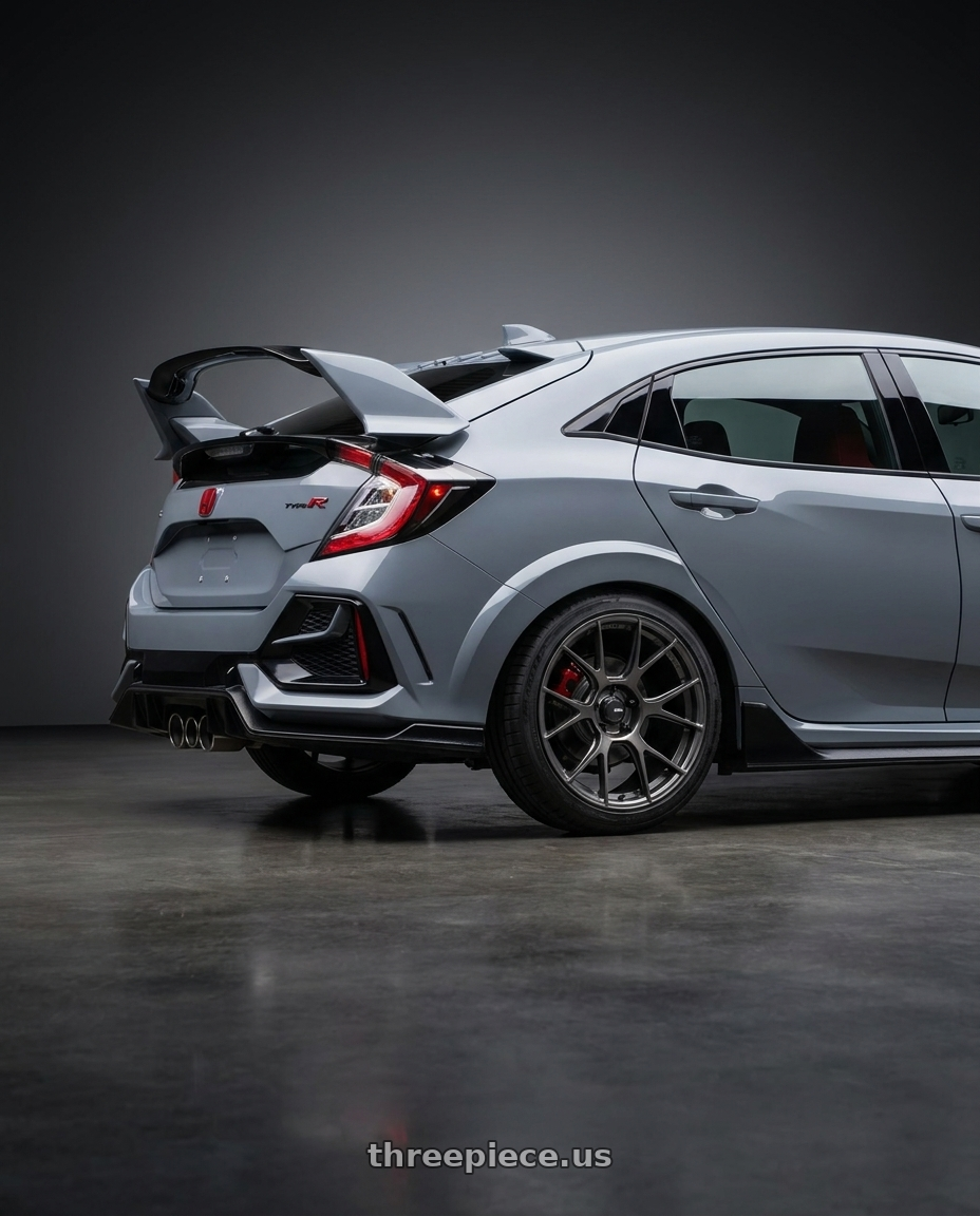 2021 Honda Civic Type R with Konig Ampliform 5x120 18x8.5+32 Dark Metallic Graphite wheels rear three quarter view square tires