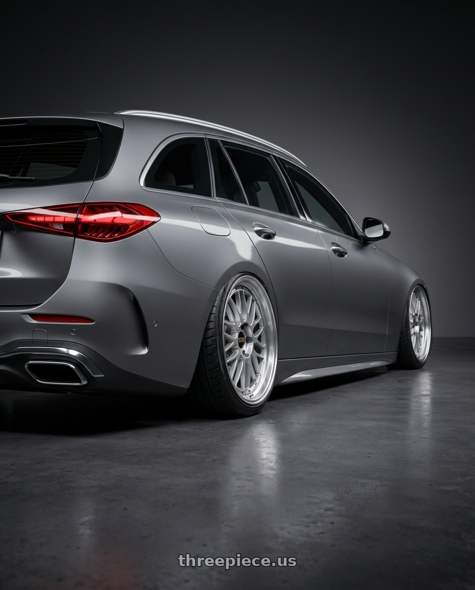 2023 Mercedes-Benz C200 with BBS LM 5x112 20x10.5+15 Diamond Silver wheels rear three quarter view extreme stretch tires