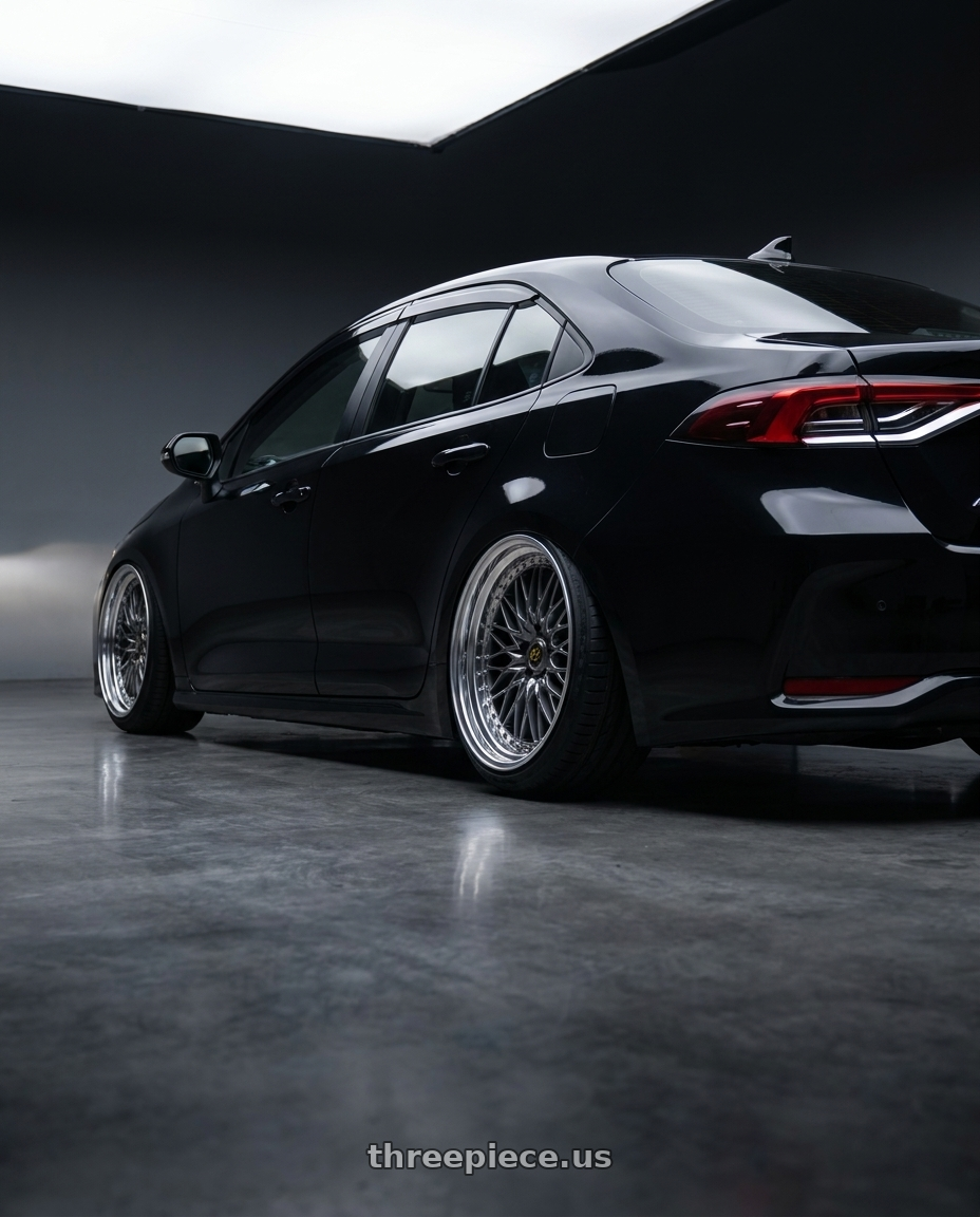 2024 toyota corolla altis with Work Vs-Xv 5x100 18x7.5+9 A Disk Brilliant Silver Black wheels rear three quarter view extreme stretch tires