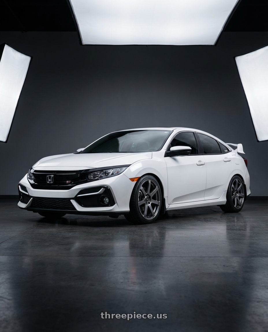 White 2020 Honda Civic Si Sedan with Enkei PF07 5x114.3 18x9+40 Dark Silver wheels