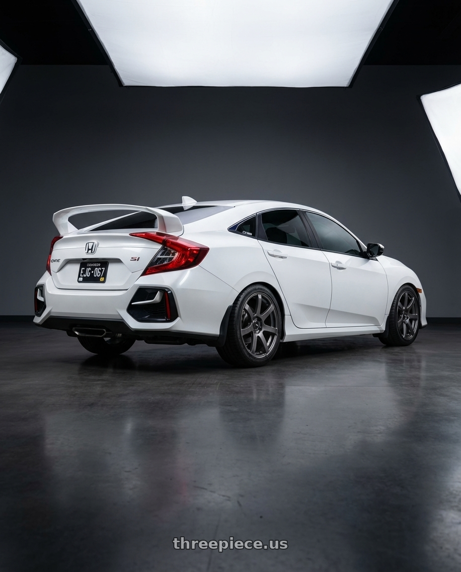 White 2020 Honda Civic Si Sedan with Enkei PF07 5x114.3 18x9+40 Dark Silver wheels rear three quarter view square tires