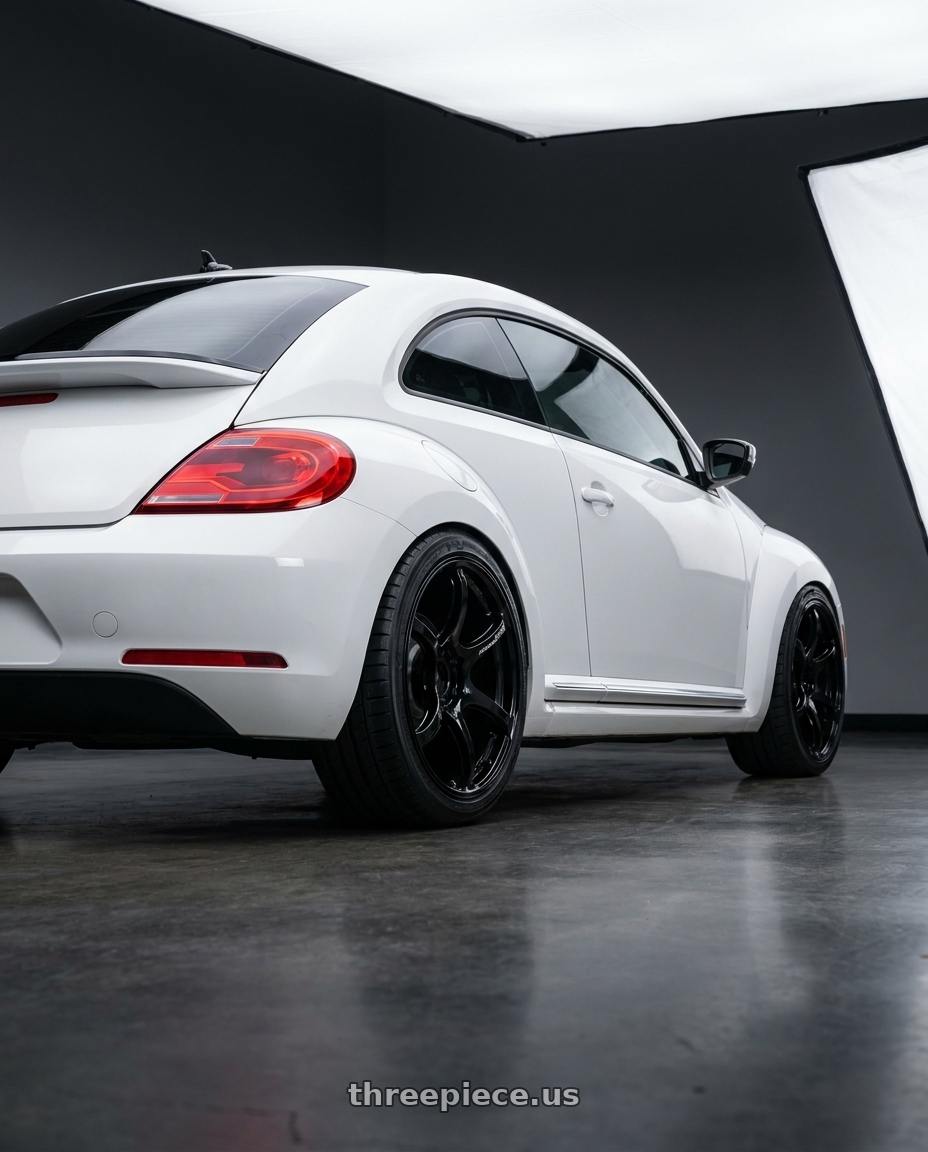 2016 Volkswagen Beetle Turbo with Advan RGIII 5x112 18x8+42 Gloss Black wheels rear three quarter view square tires