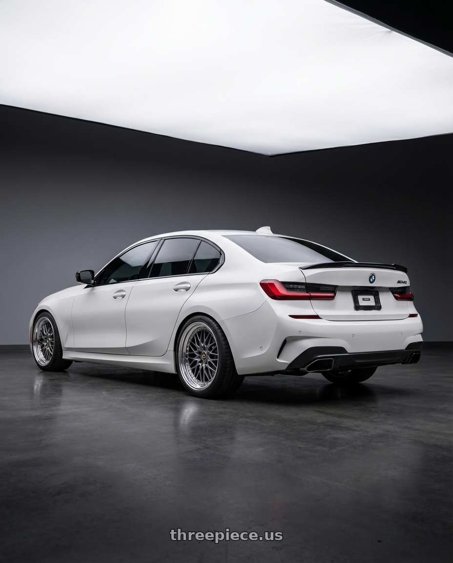 2020 bmw m340i with Work Vs-Xv 5x100 18x7+28 A Disk Brilliant Silver Black wheels rear three quarter view square tires