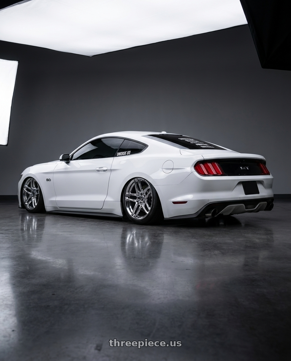 2015 ford mustang with HERITAGE WHEEL EBISU MONOC 5x114.3 19x9.5 +38 CHROME wheels rear three quarter view slight stretch tires