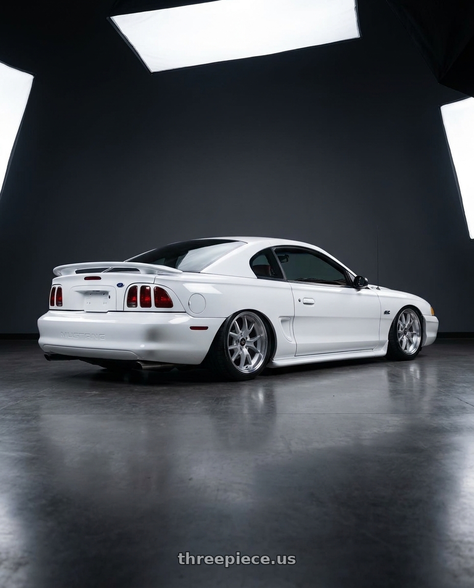 1994 FORD MUSTANG GT with OE Wheels FR05B 5x114.3 18x10+22 Silver wheels rear three quarter view square tires