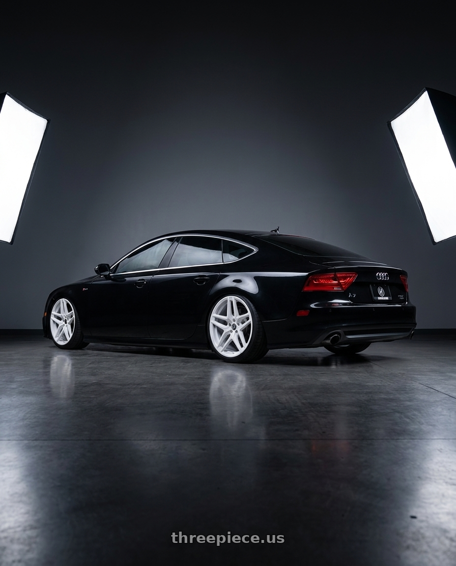 2012 audi A7 with HERITAGE WHEEL EBISU MONOC 5x112 20x9 +25 WHITE wheels rear three quarter view square tires