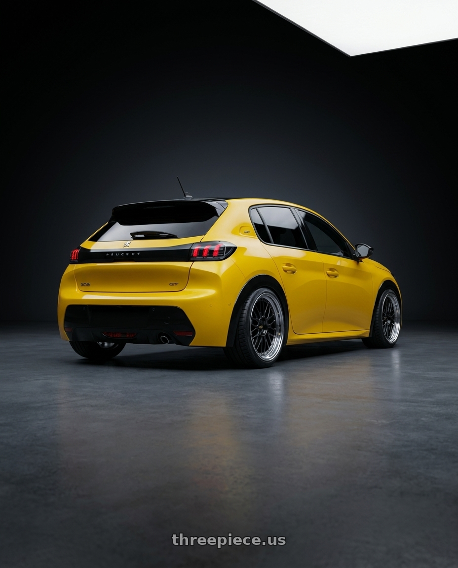 2021 Peugeot 208 with BBS LM 5x114.3 18x10.0+25 Diamond Black wheels rear three quarter view square tires
