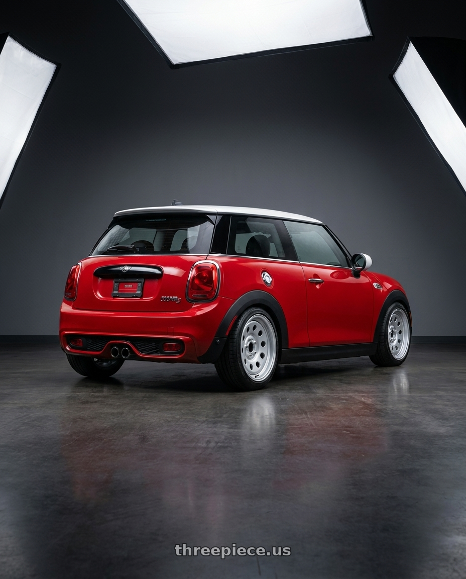 2021 Mini Cooper S Gen with Allied - Pacer 229S Silver Modular 5X4.50 14x5.5 00 Gloss Silver wheels rear three quarter view slight stretch tires