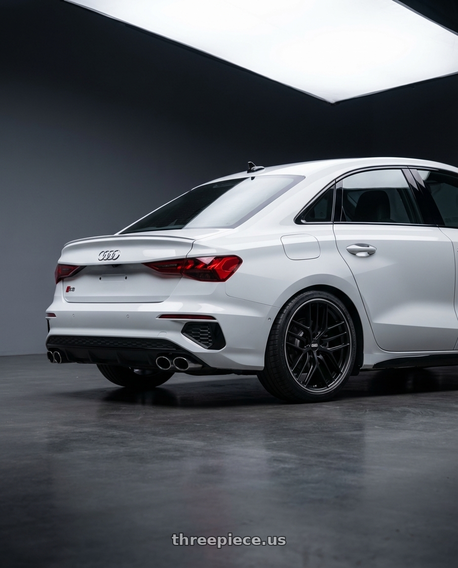 2024 Audi S3 8Y with BBS CC-R 5x112 19x8.5+44 Satin Black wheels rear three quarter view square tires