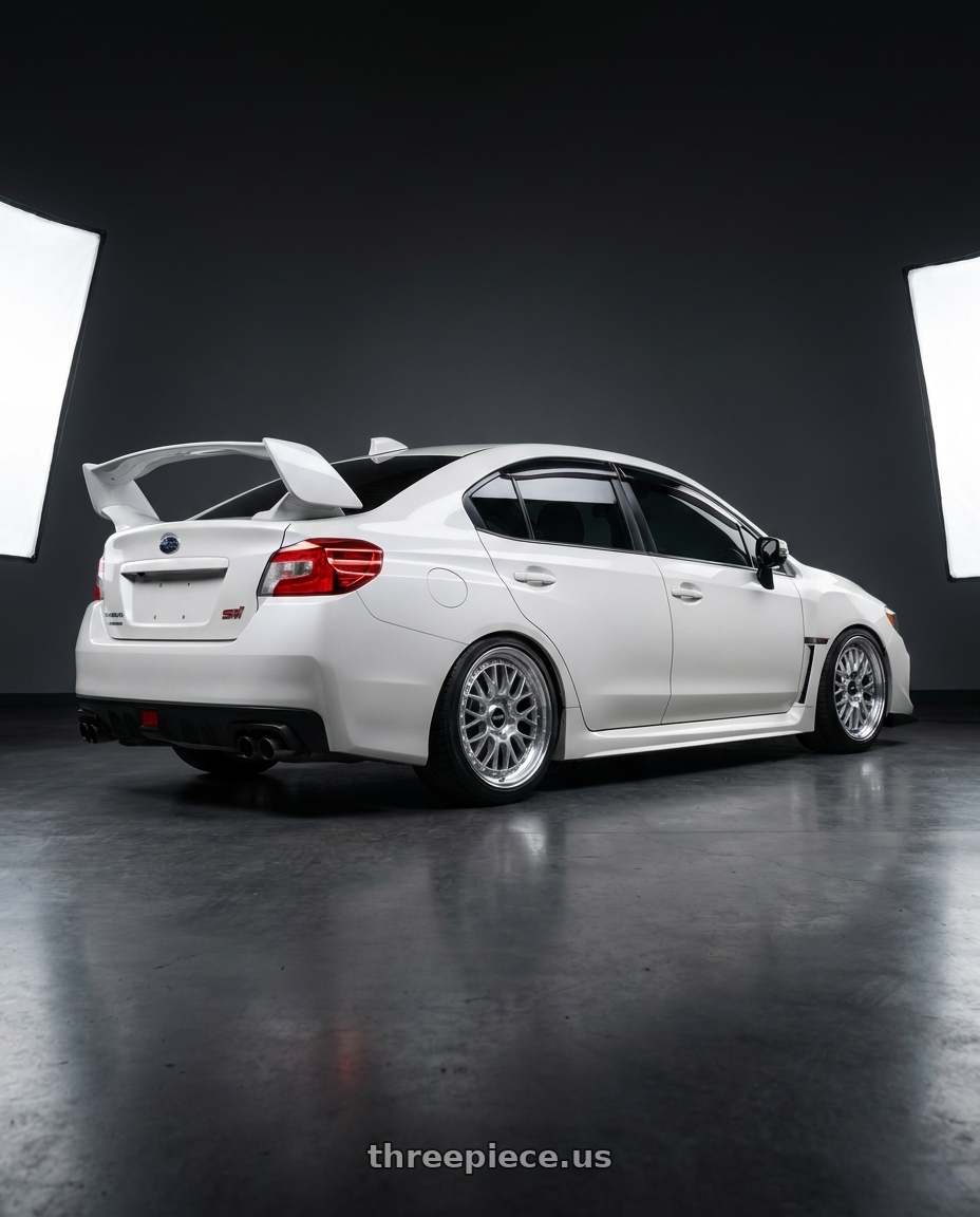 2016 Subaru sti with Rotiform 1PC R155 LSR 5X100 18X9.5 +25 GLOSS SILVER MACHINED wheels rear three quarter view square tires