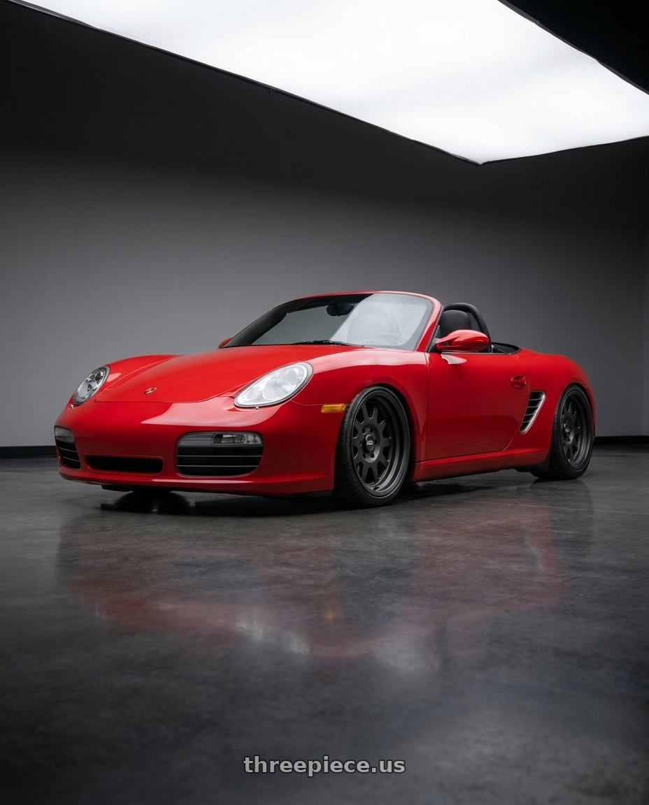 2009 Porsche Boxster with Black Rhino STADIUM 5X130 17X8 +45 MATTE BLACK wheels front three quarter view stanced stance