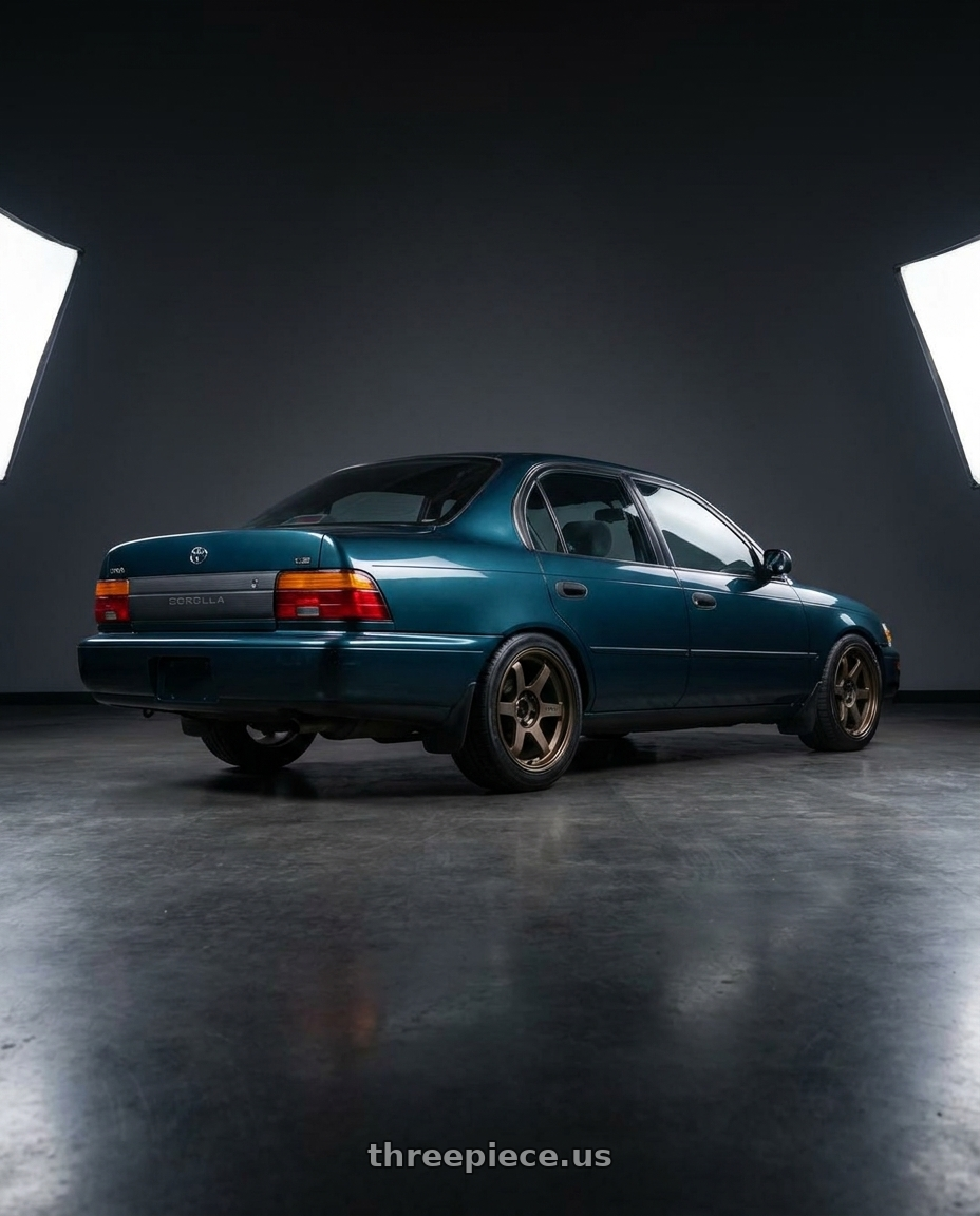 1997 toyota corolla with Volk Racing RAYS D108 6x135 18x9 +0 DARK BRONZE wheels rear three quarter view square tires