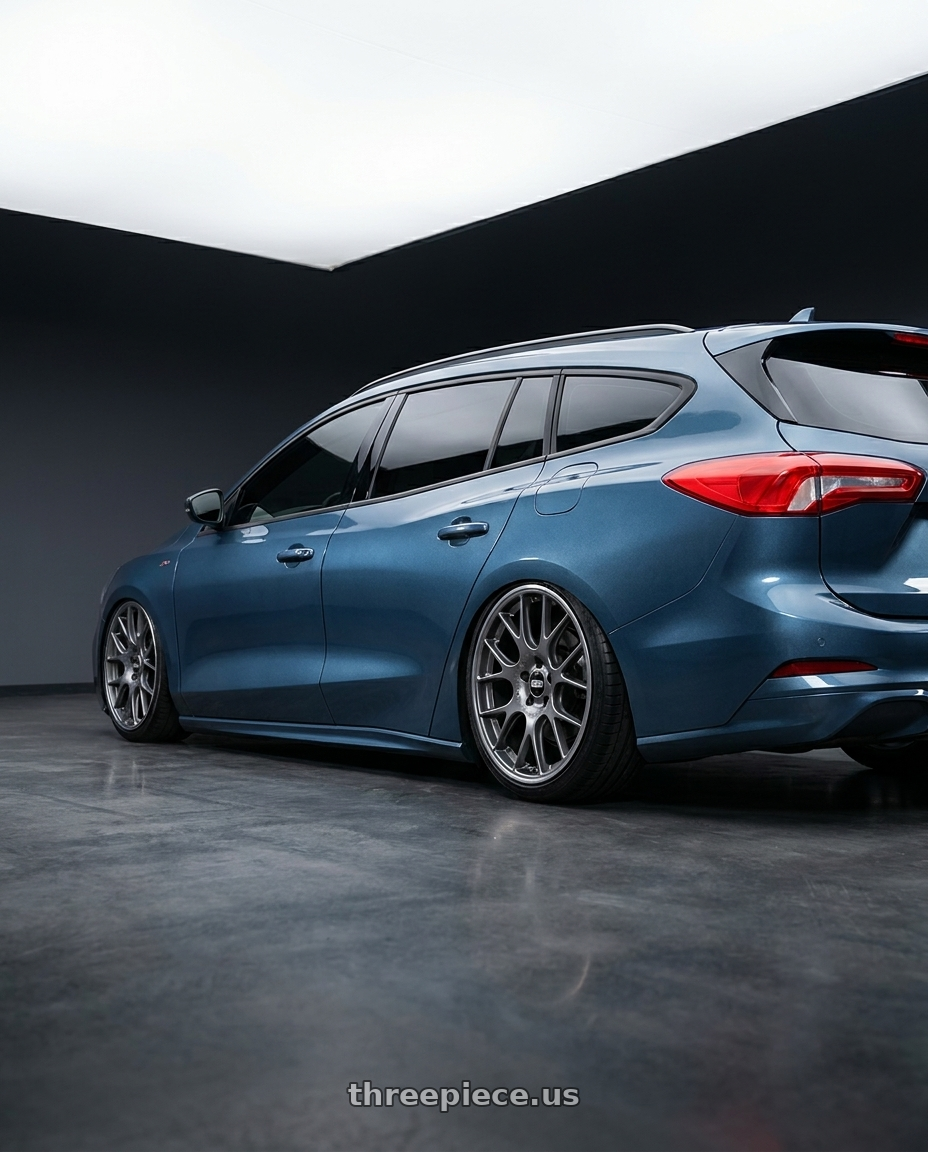 2023 focus wagon mk4.5 Blue Metallic with BBS CH-R 5x120 18x8 +40 Satin Titanium Polished Rim Protector wheels rear three quarter view slight stretch tires