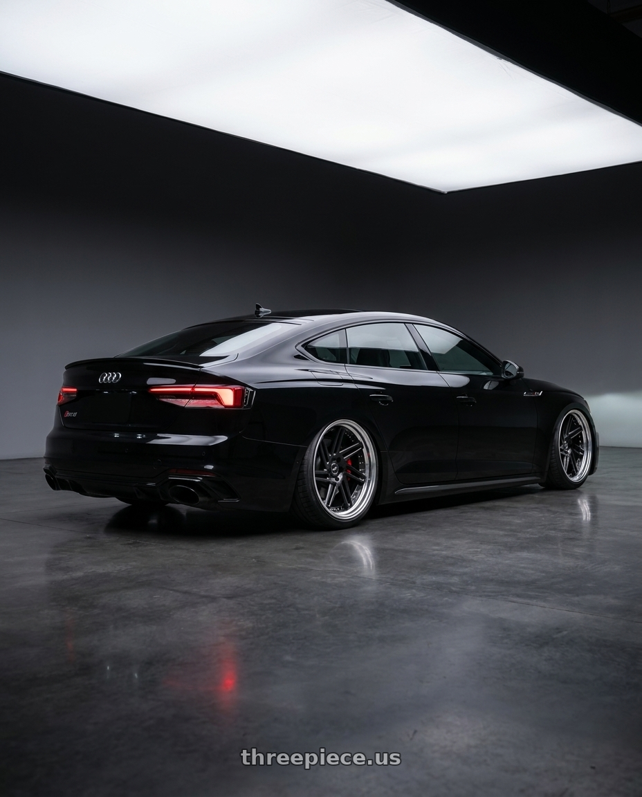 2018 Audi rs5 sports back  with Work Zeast st3 5x112 20x10+22 S Disk Matte Black wheels rear three quarter view extreme stretch tires