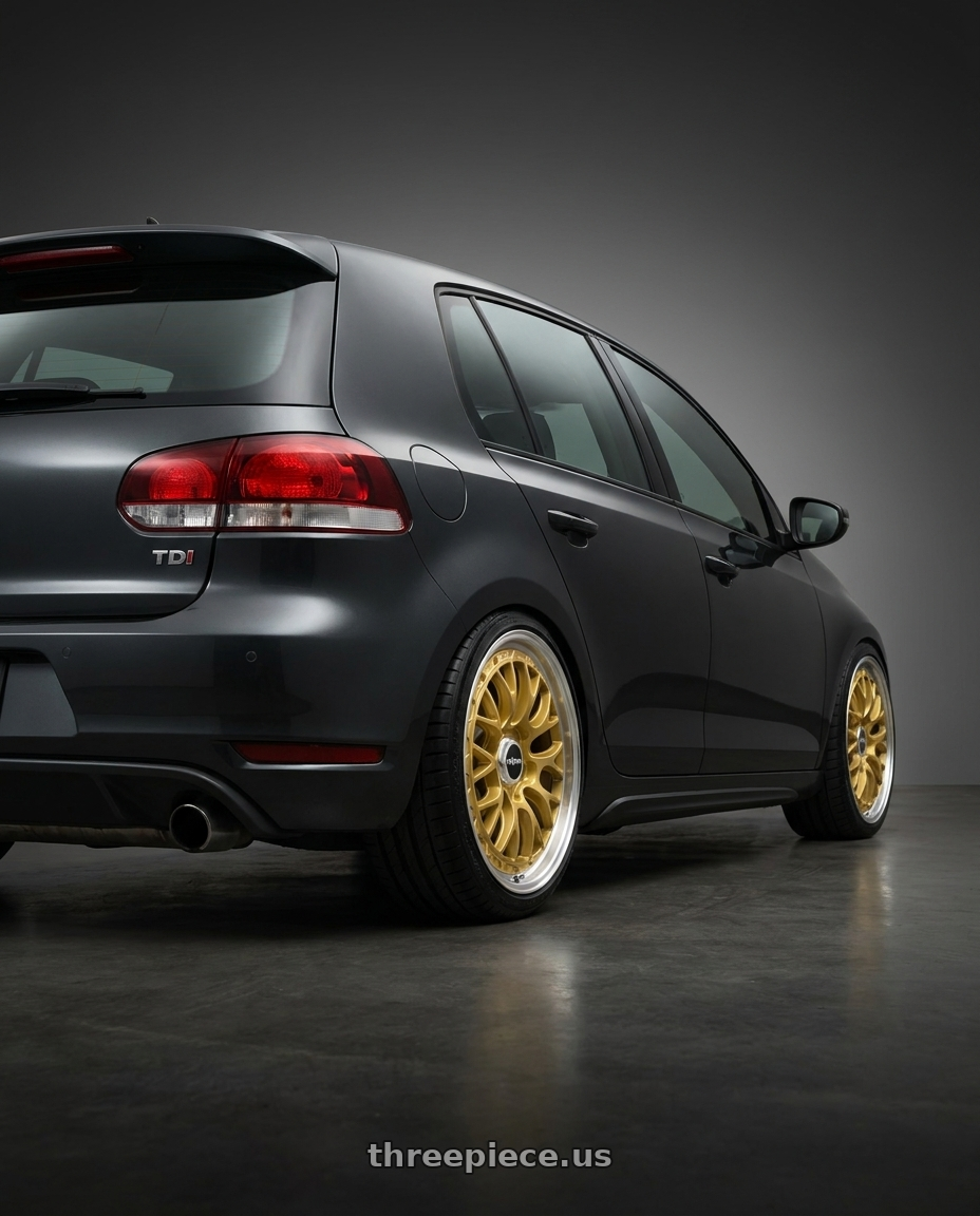 2012 Golf TDI with Rotiform 1PC R156 LSR 5X112 18X8.5 +45 MATTE GOLD MACHINED wheels rear three quarter view square tires