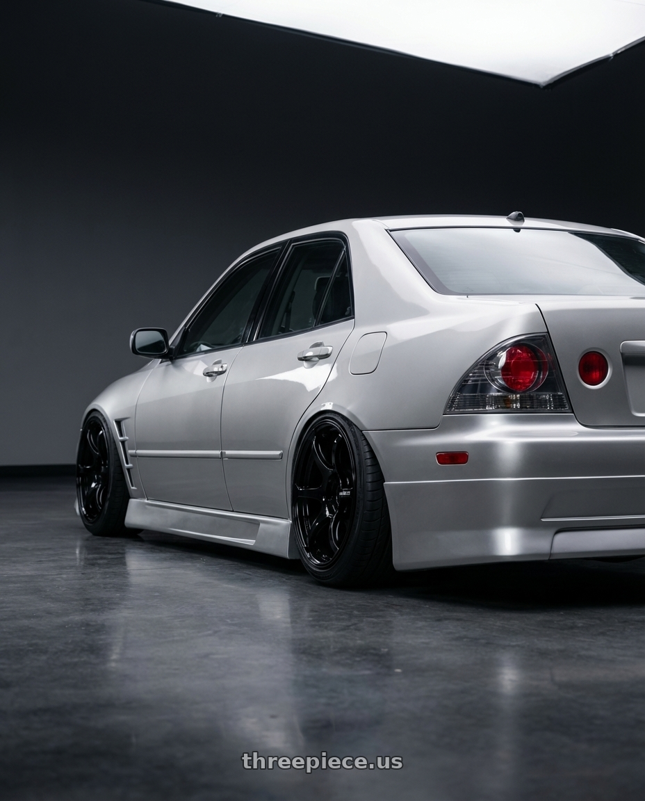 2004 is300 lexuz with Advan RGIII 5x114.3 17x9.0+45 Gloss Black wheels rear three quarter view extreme stretch tires