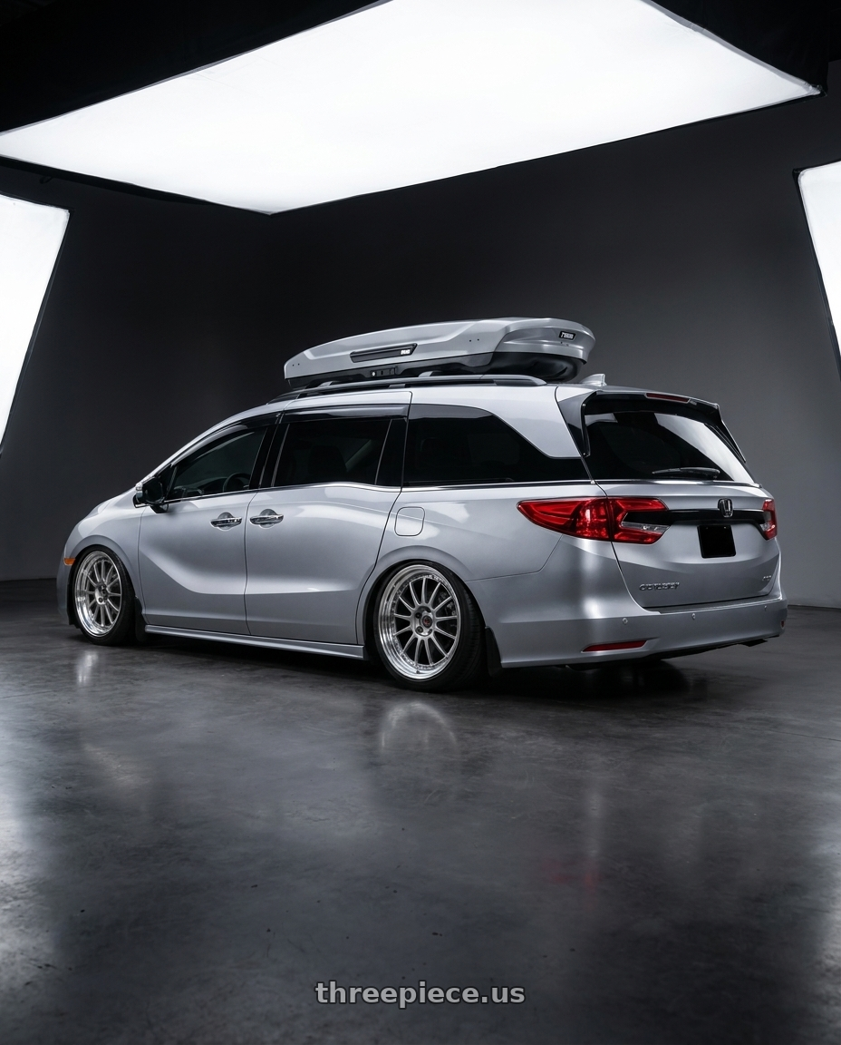 2024 Honda Odyssey with SSR Professor TF1 5x120 20X8.5+43 SL Disk Titan Silver wheels rear three quarter view slight stretch tires