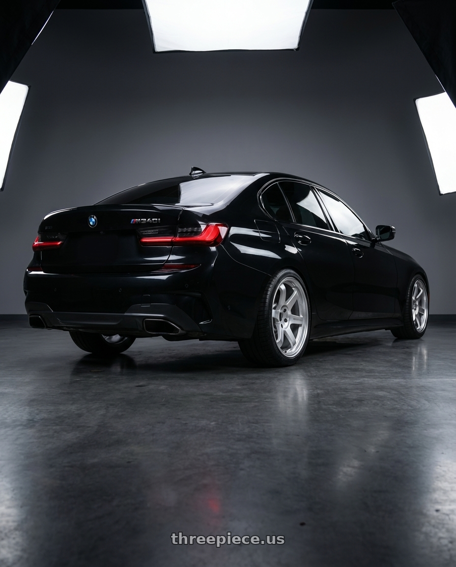 2020 BMW m340i with Volk Racing TE37 ULTRA M-SPEC 5x114.3 19x9.5 +22 DIAMOND SILVER wheels rear three quarter view square tires