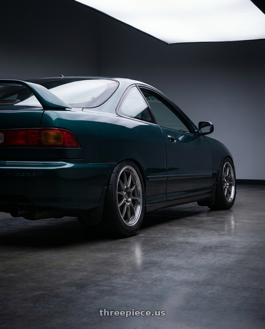 2000 acura integra with Enkei J10 4x100/114.3 15x6.5+38 Silver w/ Machined Lip Dia wheels rear three quarter view meaty tires