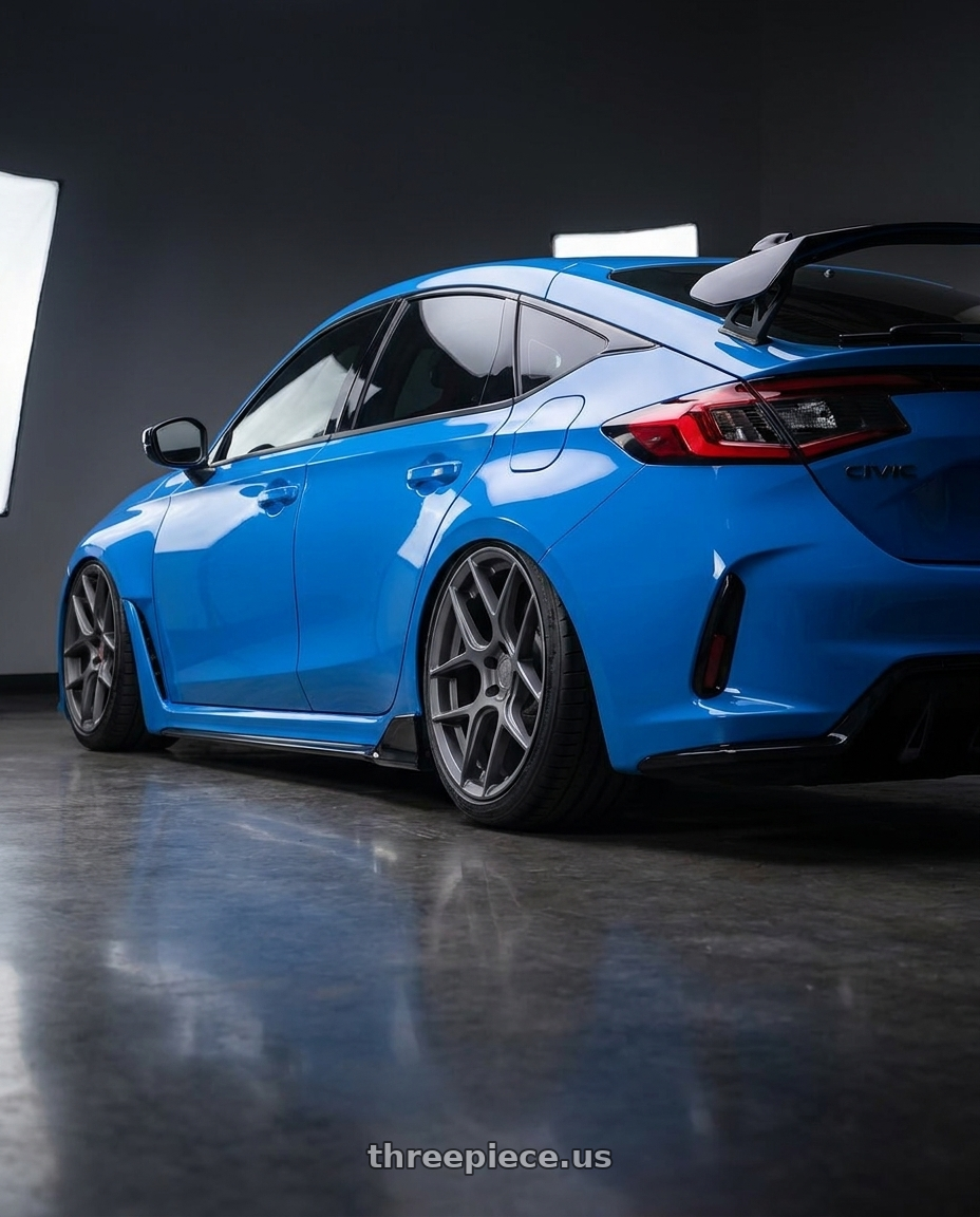 2024 Honda Civic Type R with Aodhan AFF2 5x120 19x8.5+35 Matte Gray wheels rear three quarter view slight stretch tires