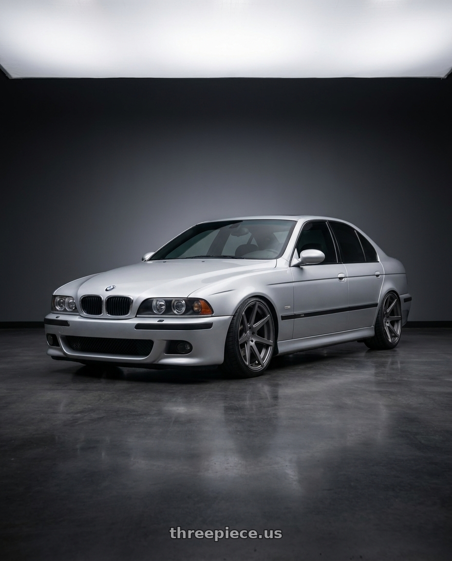 2003 BMW M5 with Rohana RC7 5x120 19x9.5+20 Matte Graphite wheels front three quarter view lowered stance