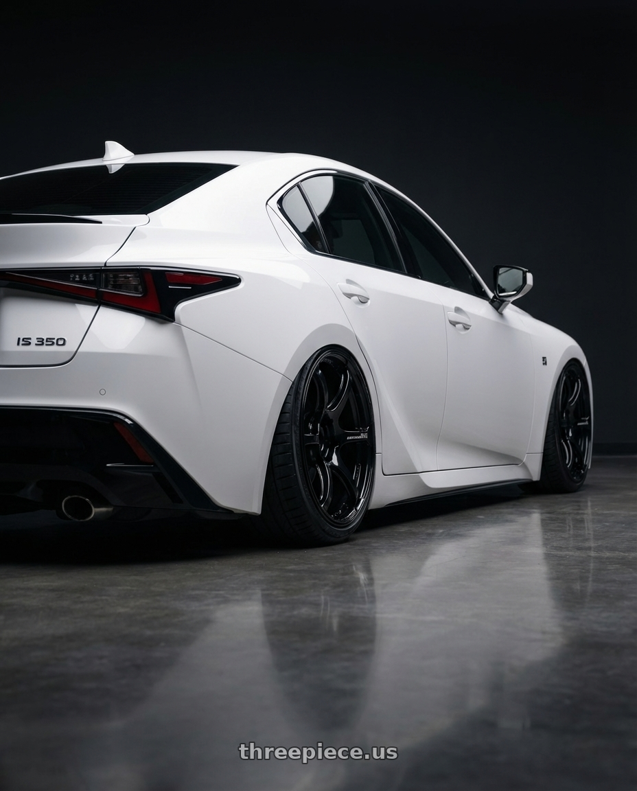 2024 Lexus IS 350 with Advan RGIII 5x114.3 19x10.5+15 Gloss Black wheels rear three quarter view slight stretch tires