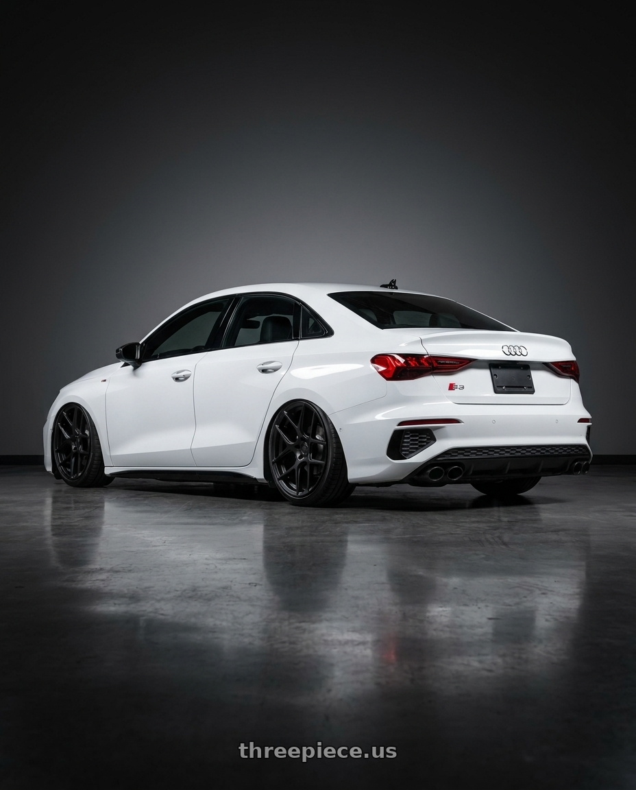2024 Audi S3 8Y with Aodhan AFF2 5x112 19x9.5+35 Matte Black wheels rear three quarter view slight stretch tires