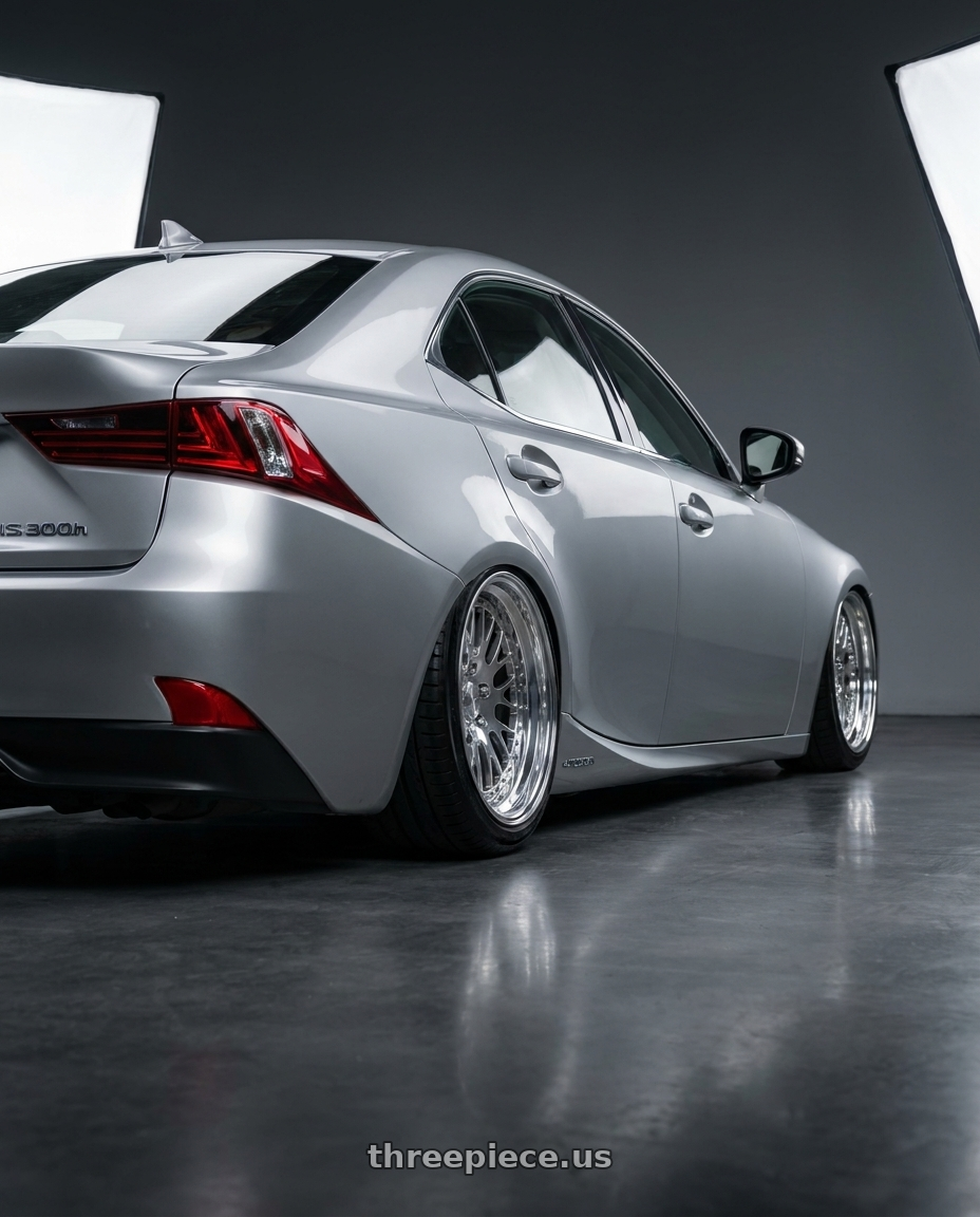 2013 Lexus is300h with CCW CZ05 4x100 16x7 +25 Polished wheels rear three quarter view slight stretch tires
