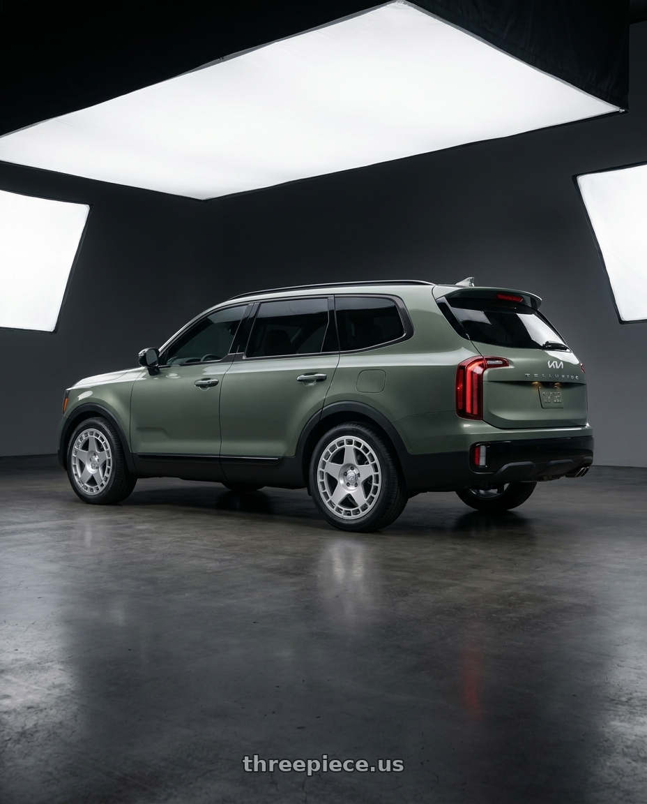 2024 Kia Telluride with fifteen52 TURBOMAC 5x114.3 18x8.5 +30 SPEED SILVER (GLOSS SILVER) wheels rear three quarter view square tires