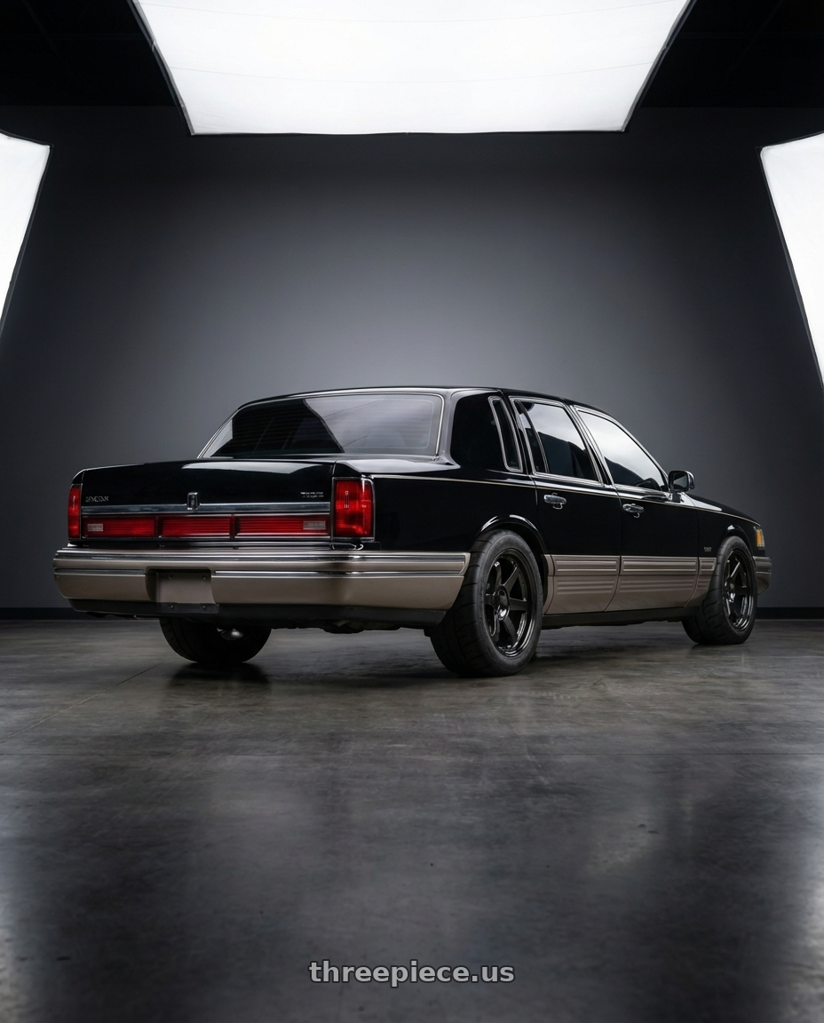 1991 Lincoln TownCar with Volk Racing TE37SL 5x114.3 19x10.5+12 Pressed Double Black wheels rear three quarter view meaty tires