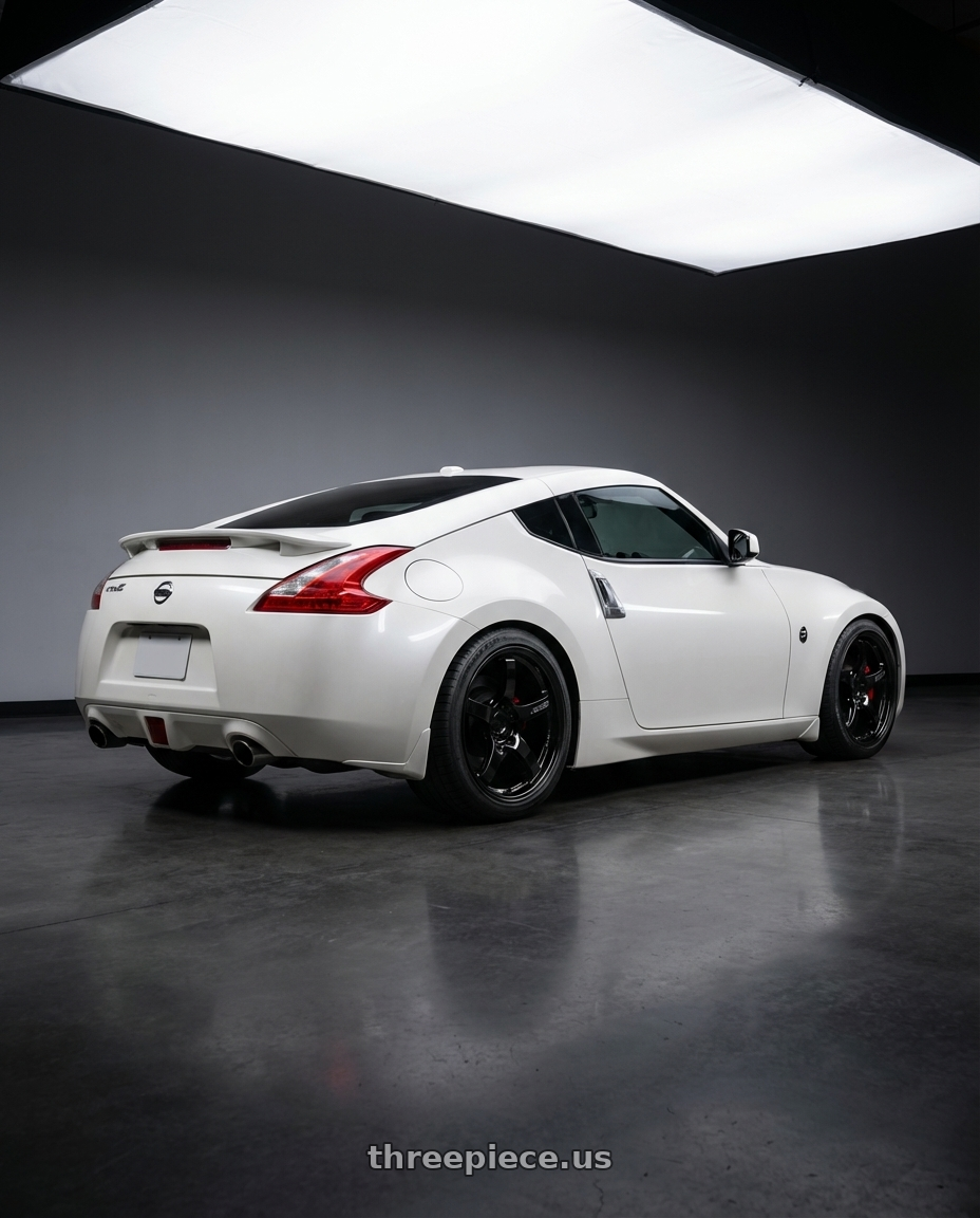 2019 Nissan 370Z with Gram Lights 57CR 5x114.3 19x10.5+12 Glossy Black wheels rear three quarter view square tires