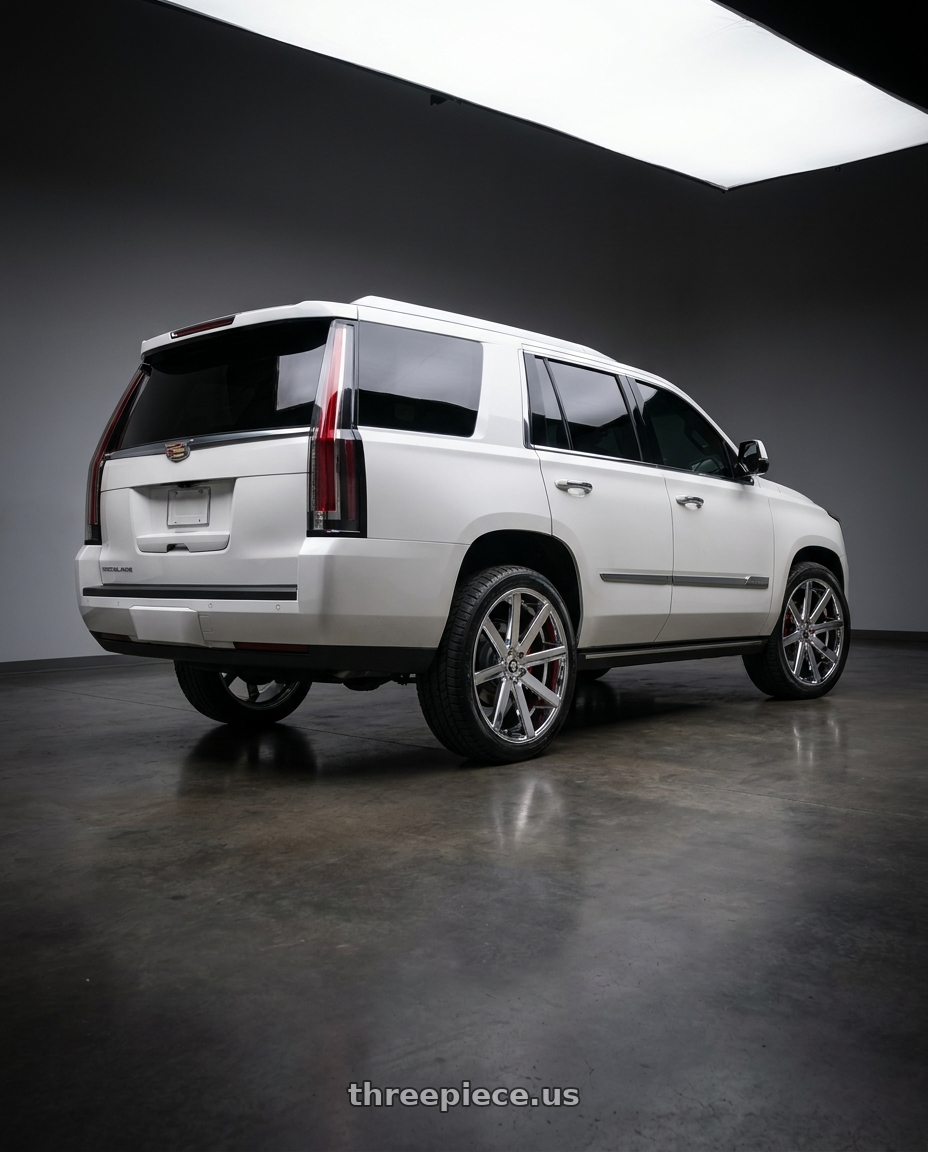 2017 Cadillac Escalade,  Luxury, White with DUB 1PC S120 SHOT CALLA 6X139.7 26X10 +20 CHROME PLATED wheels rear three quarter view square tires