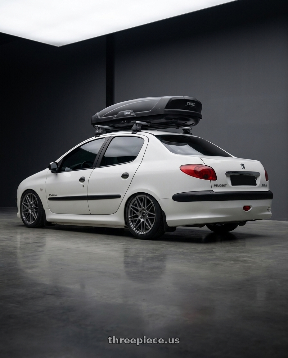 2011 Peugeot 206 SD with Enkei TMS 5x100 17x8+45 Storm Gray wheels rear three quarter view square tires