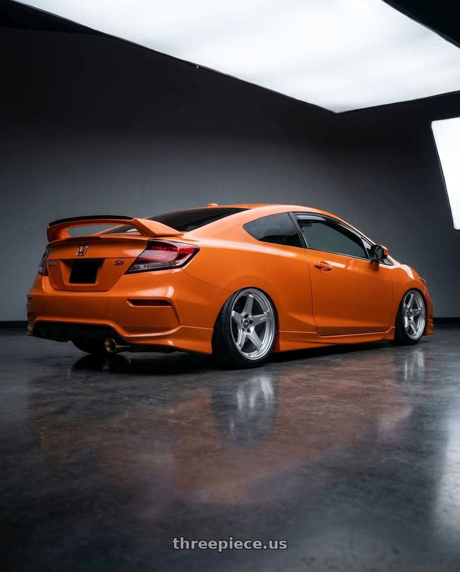 2015 honda civic si with ESR Wheels APX5C 5x112 18x8.5 +40 Hyper Silver wheels rear three quarter view slight stretch tires