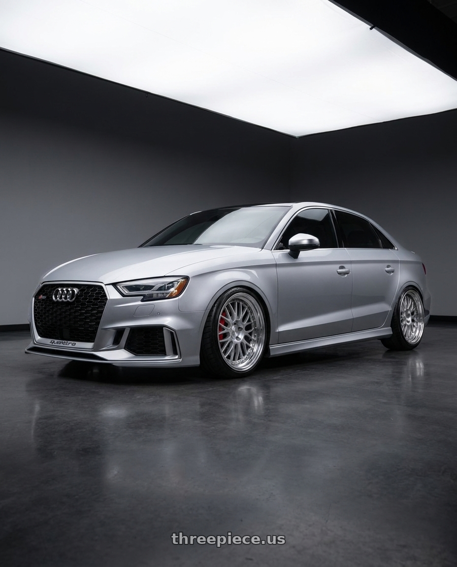 2017 Audi RS3 with SSR Professor MS1 5x112 20x11+29 MD Disk Silver wheels front three quarter view lowered stance
