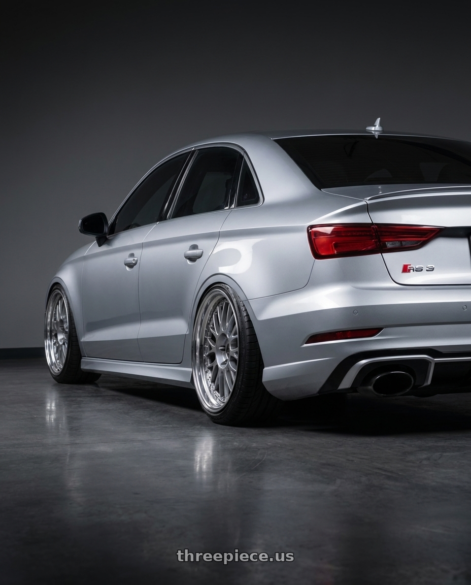 2017 Audi RS3 with SSR Professor MS1 5x112 20x11+29 MD Disk Silver wheels rear three quarter view extreme stretch tires