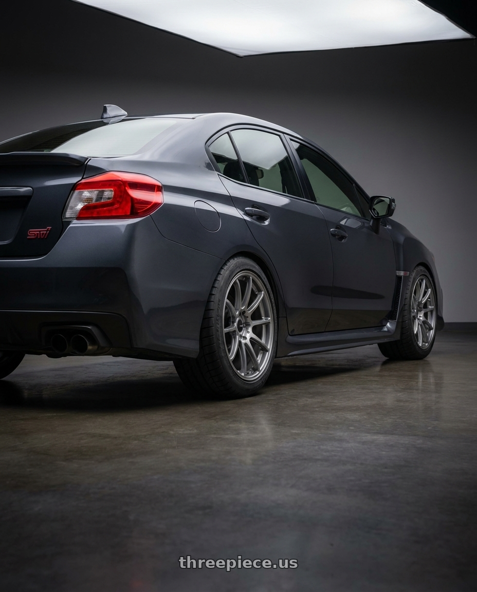 2021 WRX STI with Enkei Triumph 5x114.3 18x9.5+38 Storm Gray wheels rear three quarter view meaty tires