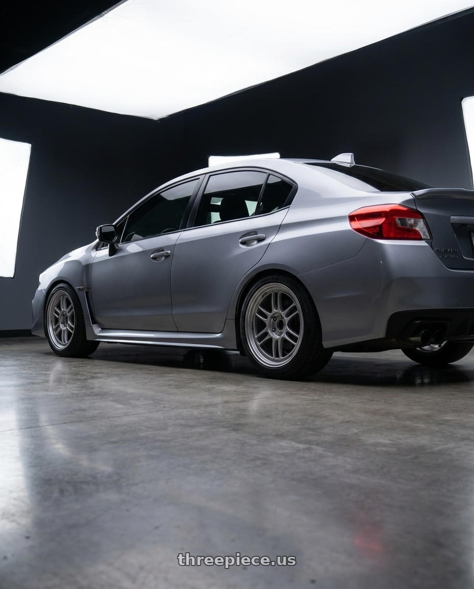2018  SUBARU  WRX with Enkei RPF1 5x114.3 18x8.5+40 Silver wheels rear three quarter view square tires