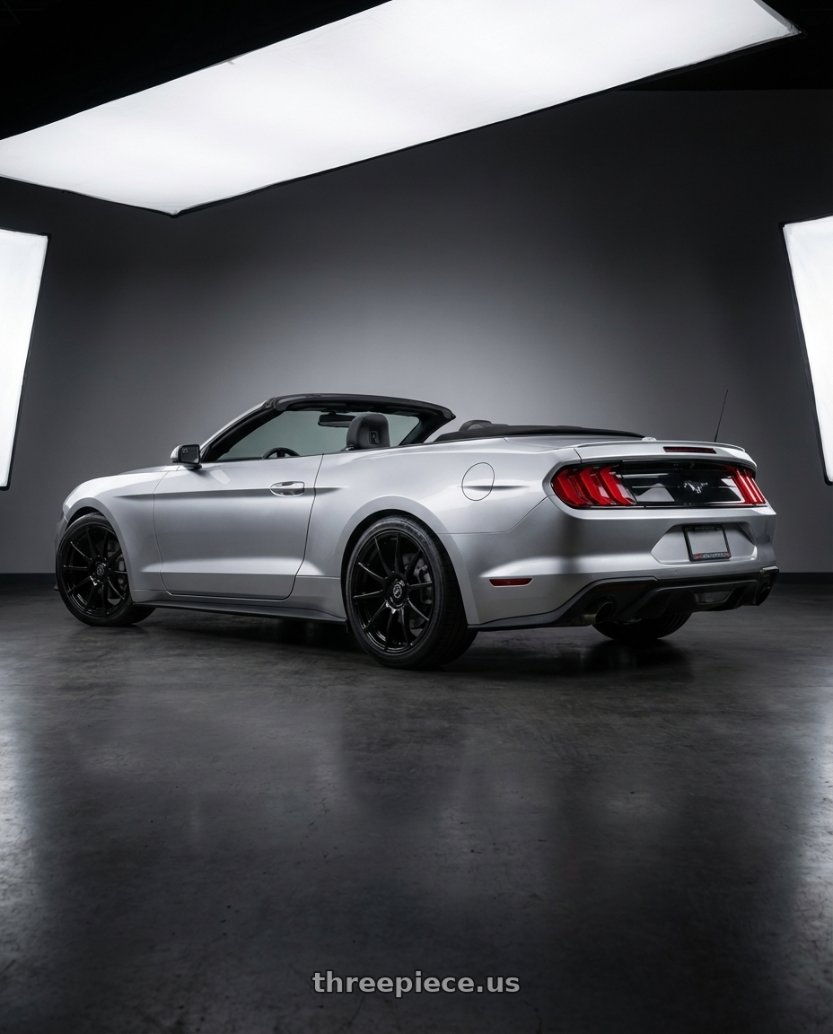 2018 ford mustang with Forgestar CF10 5x114.3 19x9.5 +29 Gloss Black wheels rear three quarter view slight stretch tires