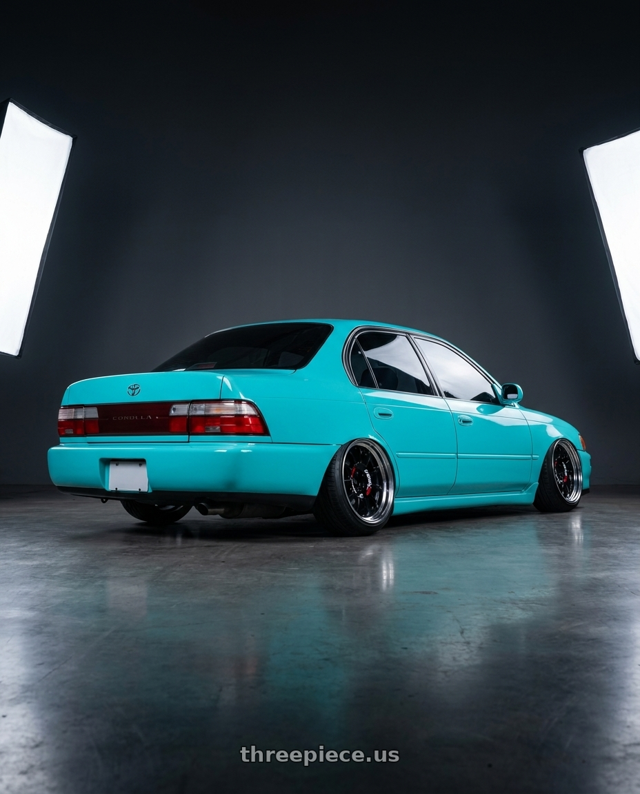 1993 Toyota Corolla with Work Emotion Rs11 2p 4x100 16x8.5 38 black wheels rear three quarter view slight stretch tires