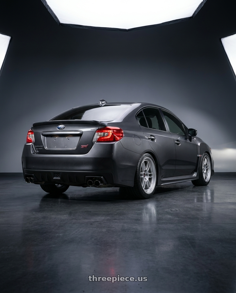 2021 Subaru WRX with Enkei RPF1 5x114.3 18x9.5+38 Silver wheels rear three quarter view square tires