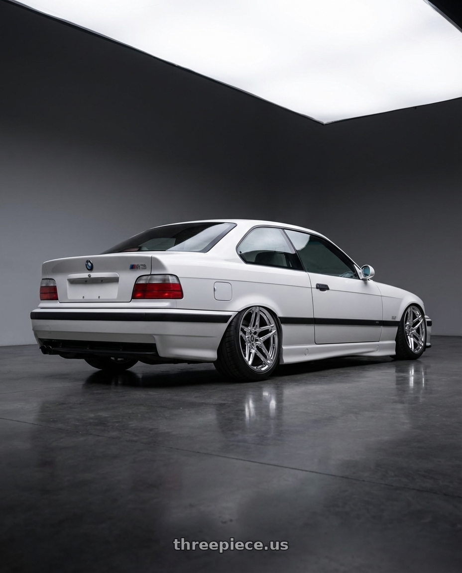 1998 bmw m3 with HERITAGE WHEEL EBISU MONOC 5x108 19x8.5 +35 CHROME wheels rear three quarter view meaty tires