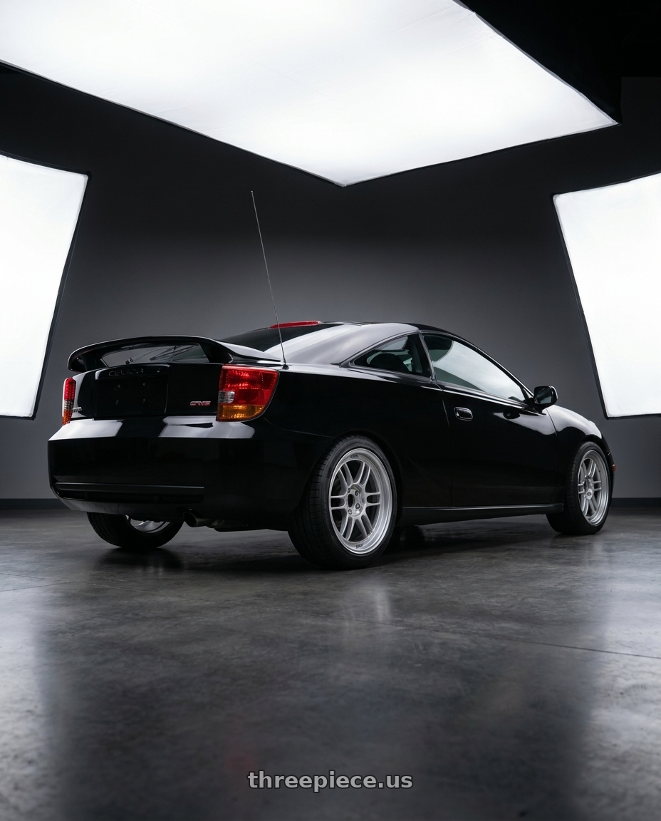 2000 Toyota Celica with Enkei RPF1 5x100 18x8+35 Silver wheels rear three quarter view square tires