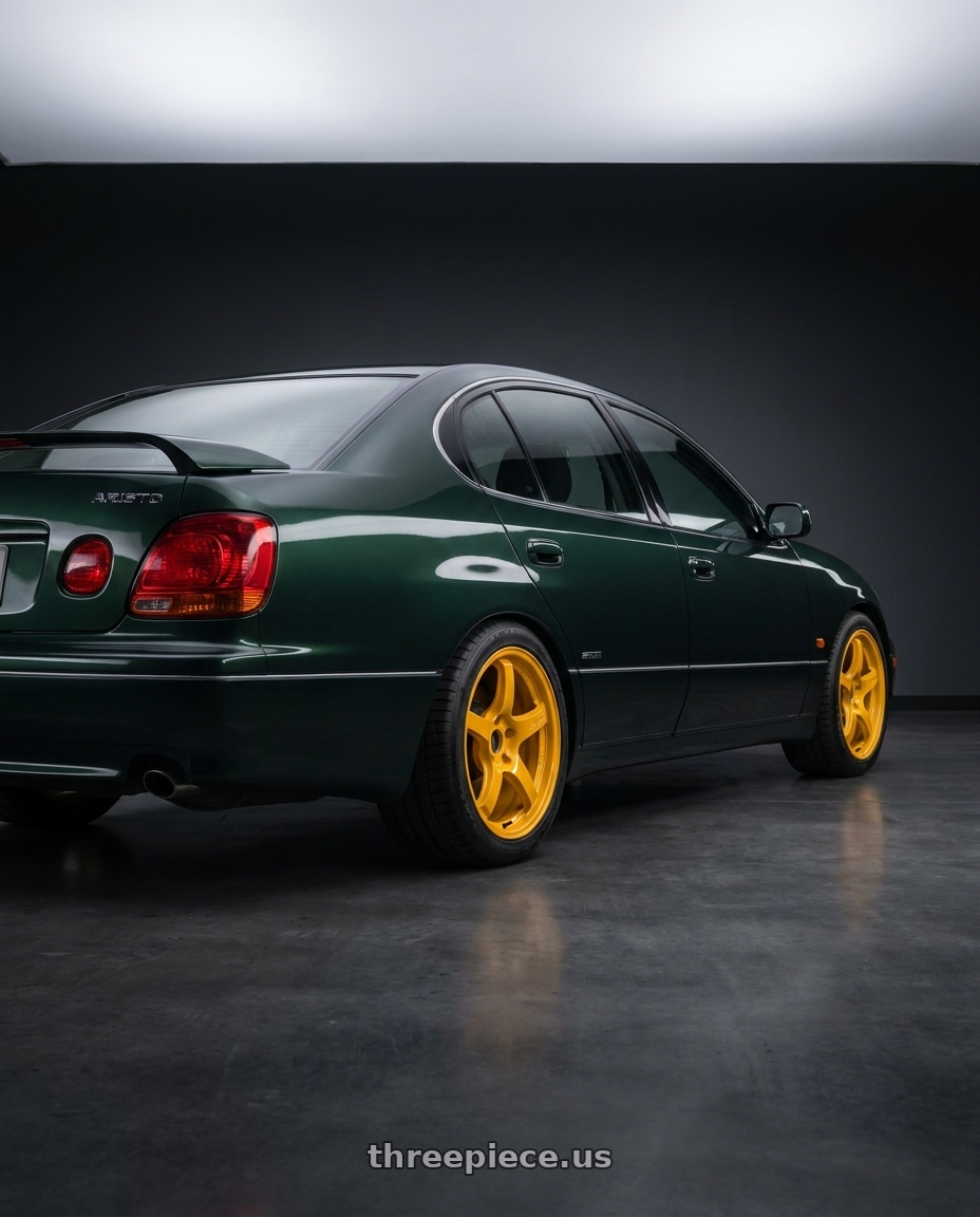 1998 toyota aristo with Gram Lights 57CR 5x114.3 18x8.5 +37 MACH YELLOW wheels rear three quarter view square tires