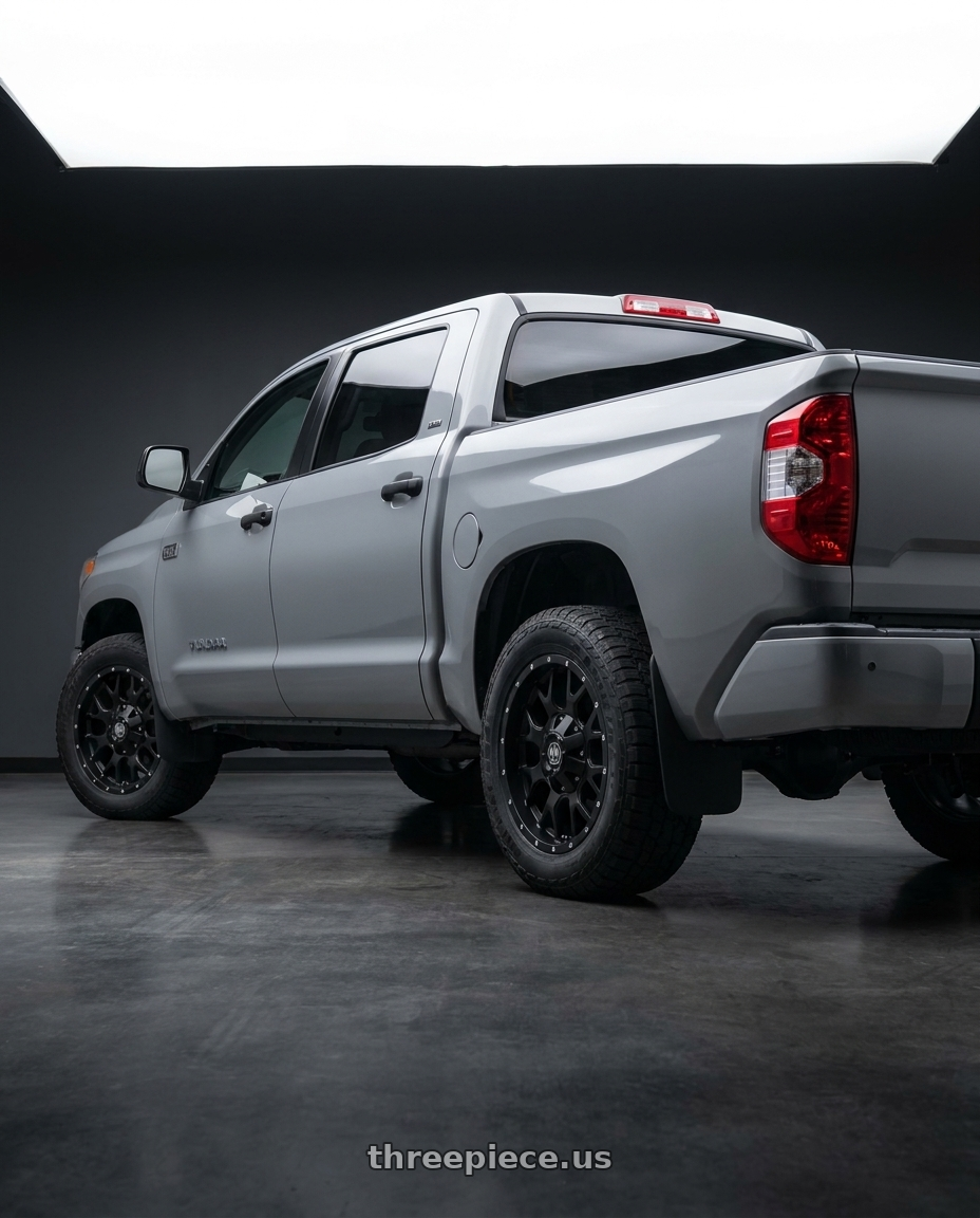 2021 Toyota Tundra 1794 Edition with Mayhem Warrior 8015 5x150/5x139.7 18x9+18 Matte Black wheels rear three quarter view square tires