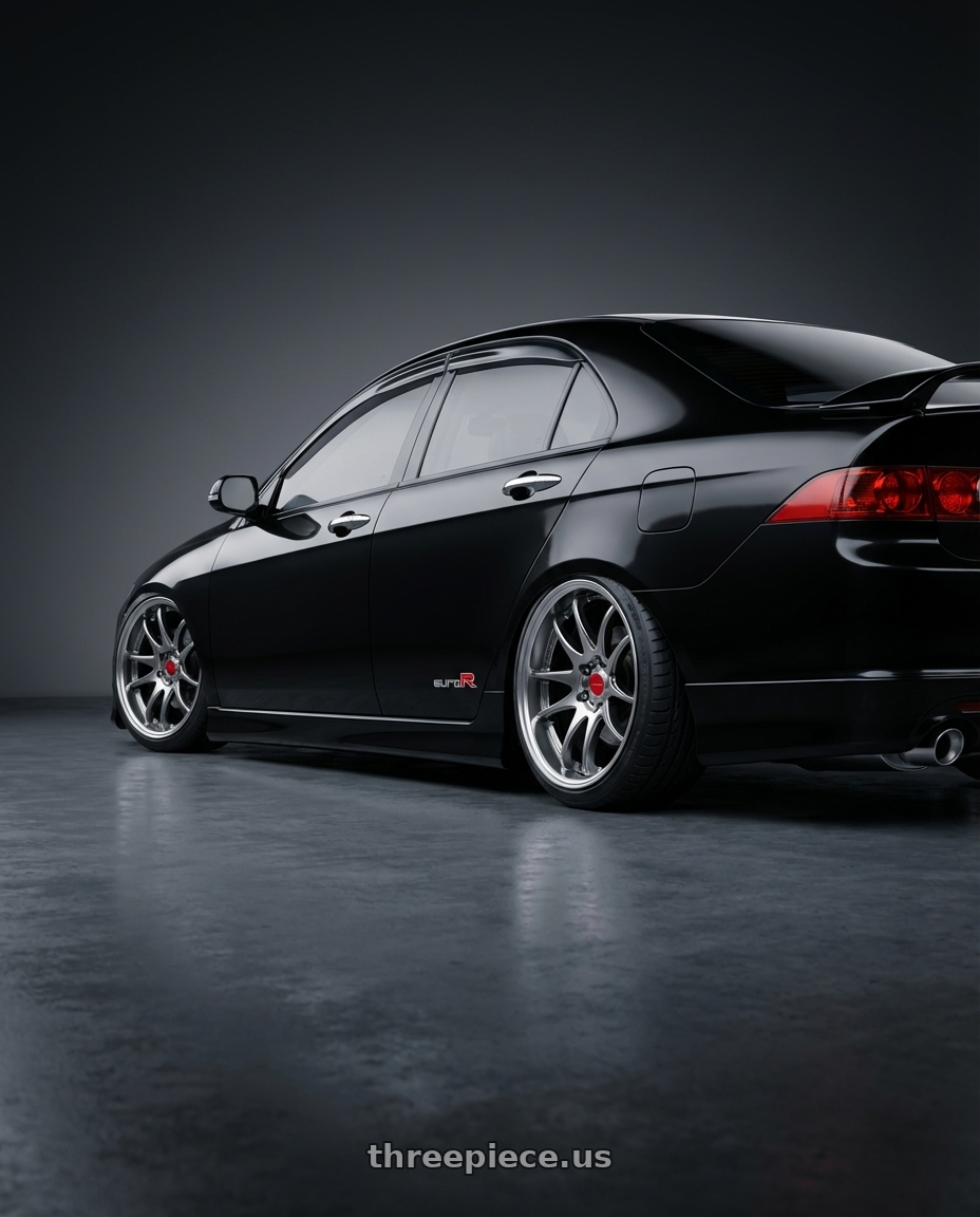 2005 Honda accord euro r with Work Cr 2P 4x100 17x9.5 +22 GT Silver wheels rear three quarter view slight stretch tires