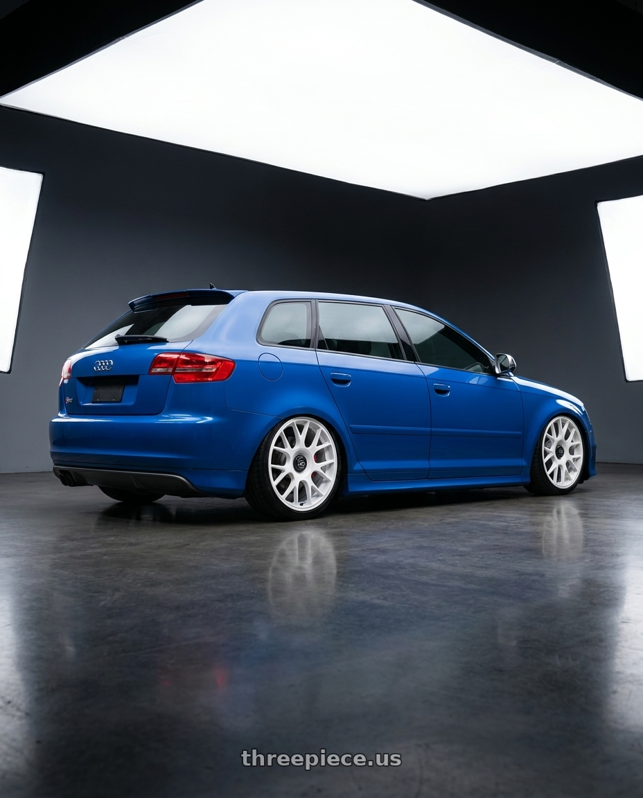 2011 Audi s3 with fifteen52 APEX 5x100 / 5x114.3 18x8.5 +35 RALLY WHITE (GLOSS WHITE) wheels rear three quarter view square tires